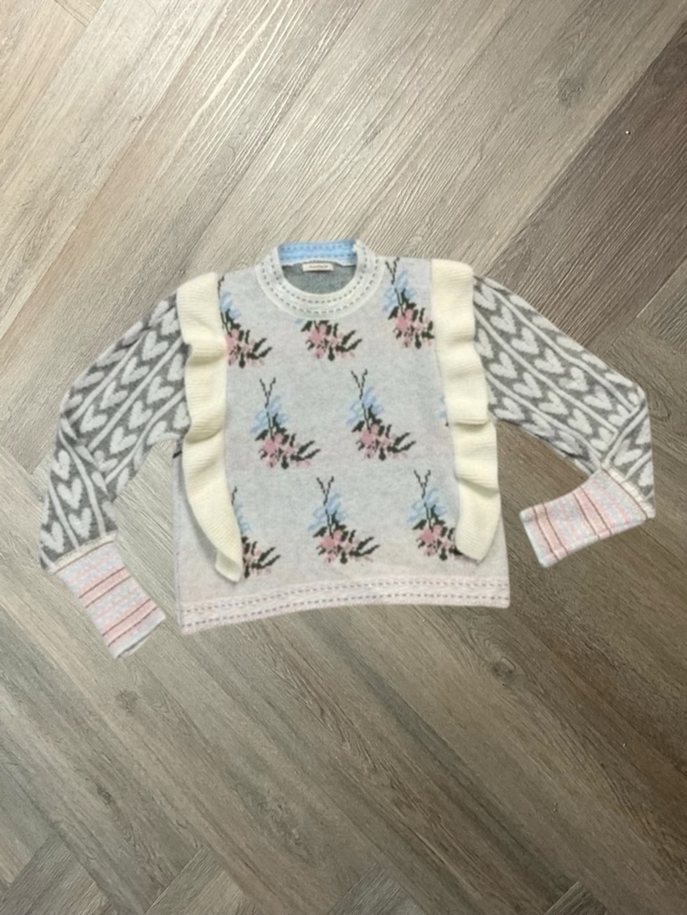 Sunday Up Coquette Boho Floral Knit Ruffle Sweater Womens Large Ivory Pink Indie